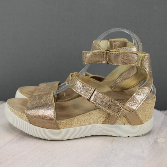 Fly London Wedge Sandals Womens 10.5 Gold Leather - Picture 5 of 10